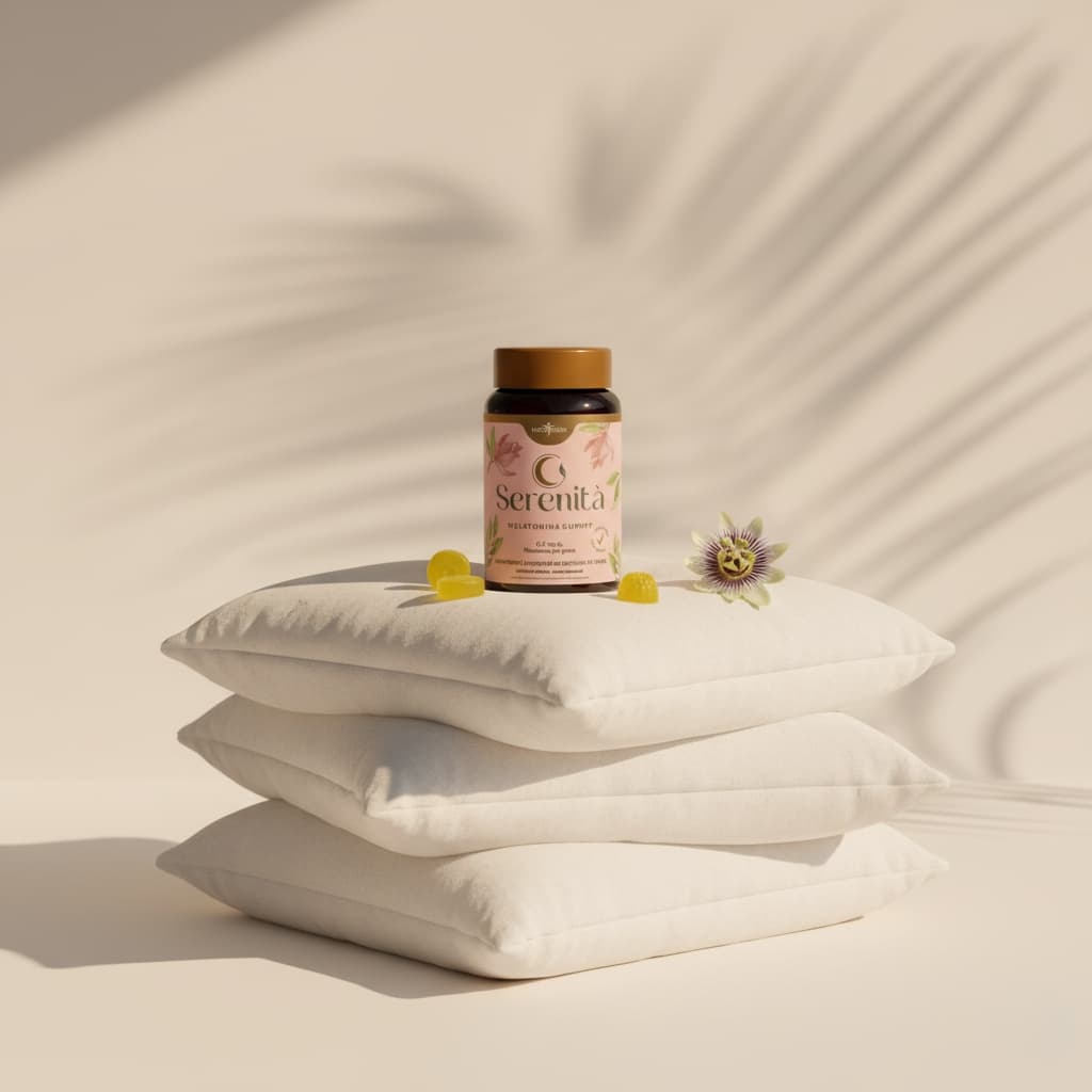 Produto Serenità ao lado de travesseiros e flores